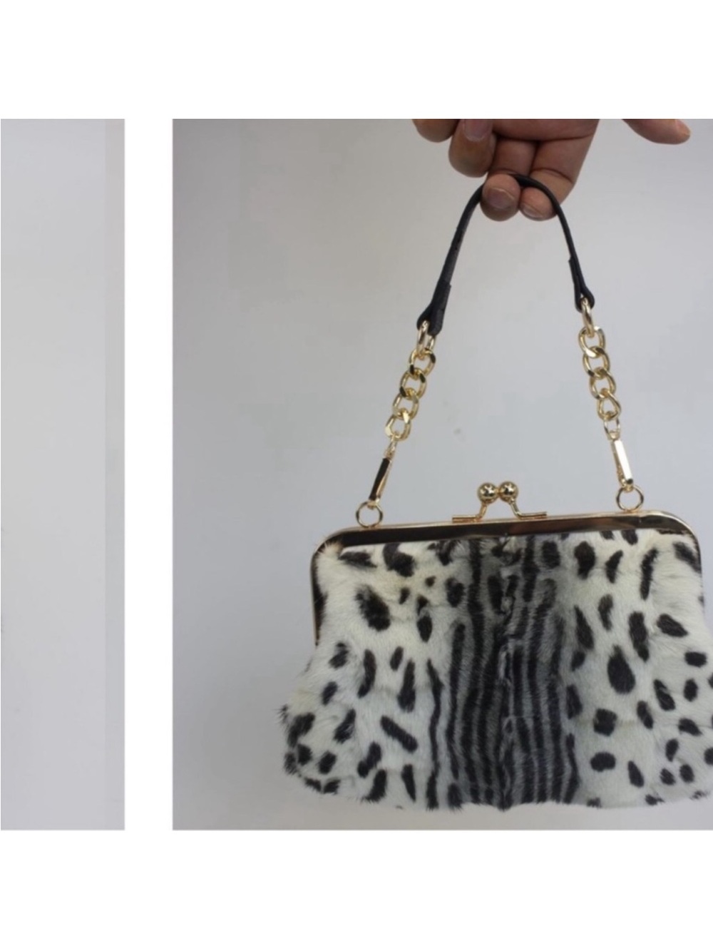 Luxury Mink Fur Leopard Print Handbag Small Kiss Lock Purse With Gold new - Picture 6 of 9